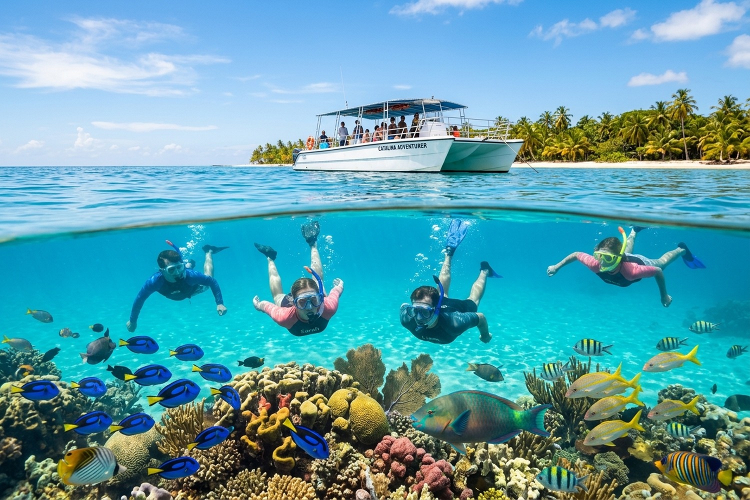 Snorkel en arrecife de coral con peces tropicales en Isla Catalina